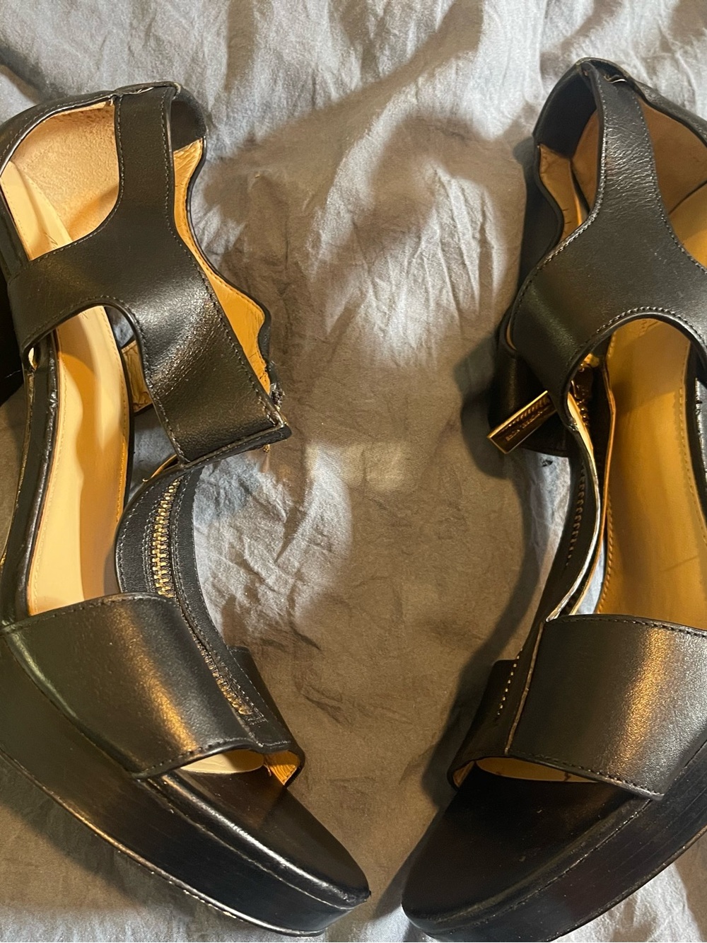 MICHAEL Michael Kors Black Leather Platform Sandals with Gold Accent